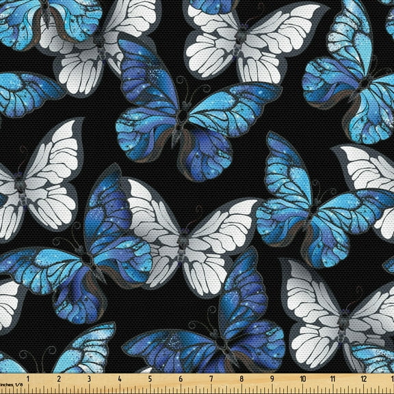 Ambesonne Spring Fabric by the Yard, Butterflies Floral Realistic, 1 Yard, Deep Sky Blue and White