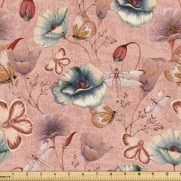 Ambesonne Spring Fabric by the Yard Upholstery, Butterfly Grunge Poppies, 1 Yard, Pale Salmon and Blue Grey
