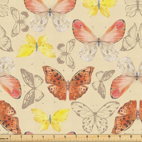 Ambesonne Spring Fabric by the Yard Upholstery, Butterfly Watercolor Sketch, 10 Yards, Dark Salmon and Mustard