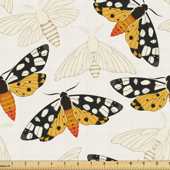 Ambesonne Spring Fabric by the Yard, Colorful and Monochrome Moth, 2 Yards, Pale Orange and Dark Grey