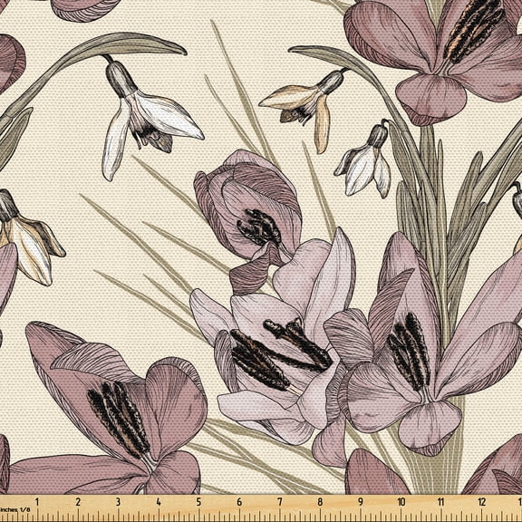 Ambesonne Spring Fabric by the Yard Upholstery, Floral Pattern Romance Ivory, 1 Yard, Sage Green Dried Rose