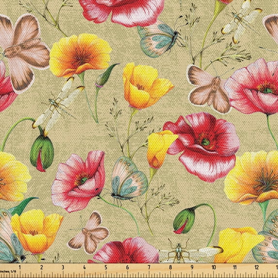 Ambesonne Spring Fabric by the Yard Upholstery, Flowers Butterfly Vintage, 5 Yards, Pale Orange Grey Teal