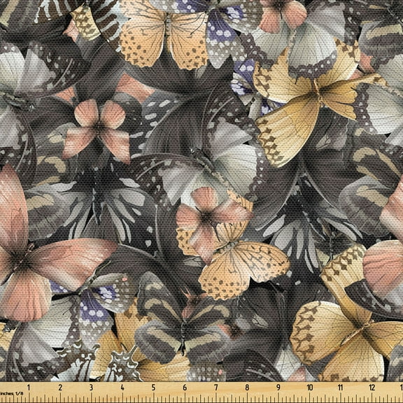 Ambesonne Spring Fabric by the Yard, Grunge Butterflies Pattern, 5 Yards, Warm Taupe and Dark Grey