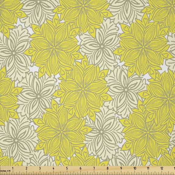 Ambesonne Spring Fabric by the Yard Microfiber, Bicolor Floral Design, 3 Yards, Yellow and Ivory