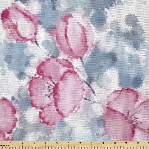 Ambesonne Spring Fabric by the Yard Microfiber, Floral Style Watercolor Art, 2 Yards, Blue Grey and Pink