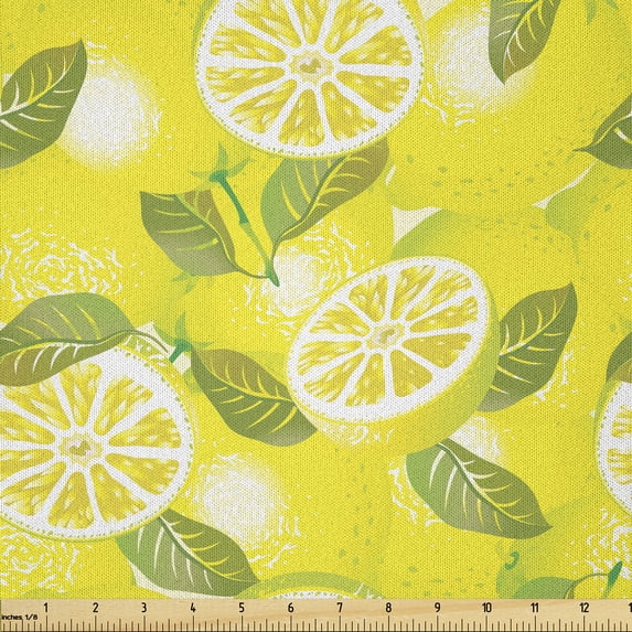 Ambesonne Spring Fabric by the Yard Microfiber, Fresh Lemons with Leaves, 2 Yards, Yellow Fern Green