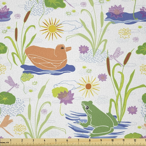 Ambesonne Spring Fabric by the Yard Microfiber, Pond Duck Frog Ornament Art, 2 Yards, Peacock Green and Dark Peach