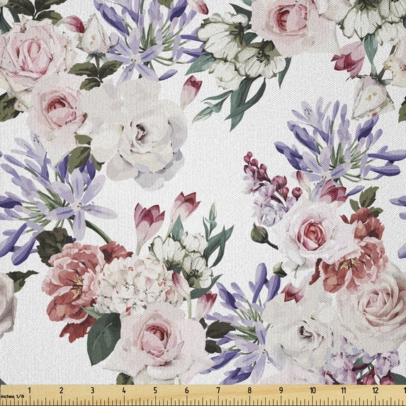 Ambesonne Spring Fabric by the Yard Microfiber, Watercolor Roses Leaves Plot, 3 Yards, Burgundy and Grey Teal