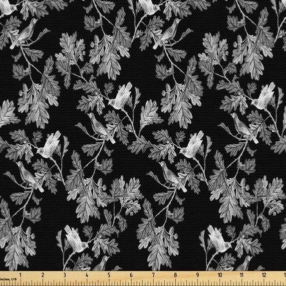 Ambesonne Spring Fabric by the Yard, Oak Branches Birds Acorns, 1 Yard, Charcoal Grey and White