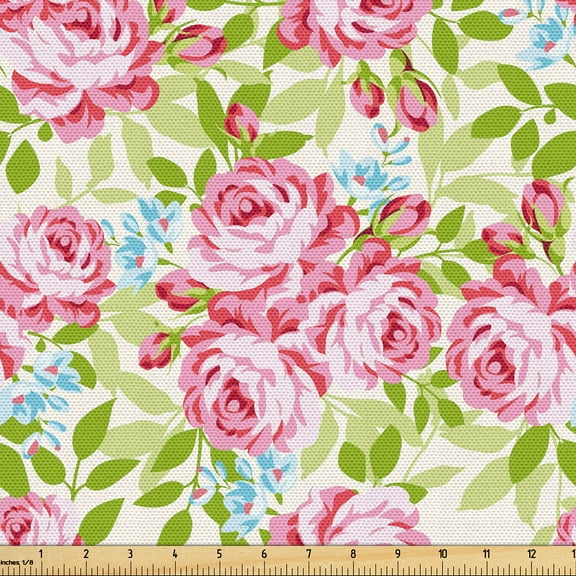 Ambesonne Spring Fabric by the Yard Upholstery, Roses Leaves Garden Plot, 1 Yard, Raspberry Lime Green