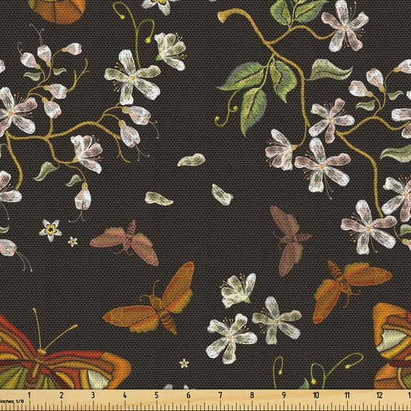 Ambesonne Spring Fabric by the Yard Upholstery, Sakura Butterflies Print, 1 Yard, Dark Orange and Laurel Green