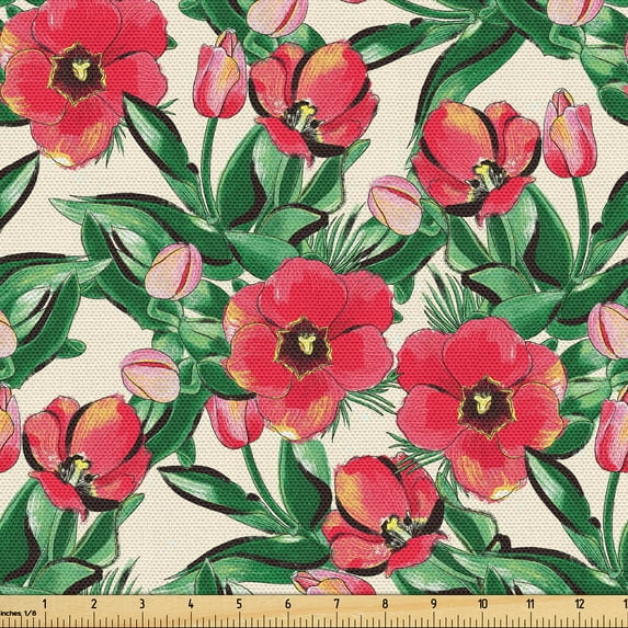 Ambesonne Spring Fabric by the Yard Upholstery, Tulip Flowers Splashes Art, 10 Yards, Dark Pink Hunter Green