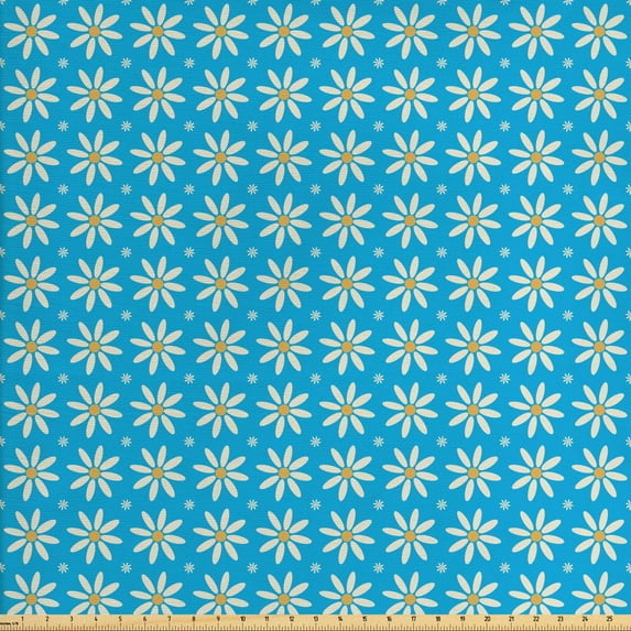 Ambesonne Spring Fabric by the Yard Upholstery, Blooming Daisies on Blue, 3 Yards, Azure Blue Yellow