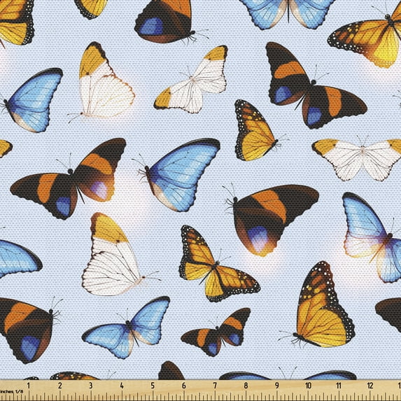 Ambesonne Spring Fabric by the Yard Upholstery, Butterflies Colorful Pattern, 2 Yards, Pale Orange and Sky Blue