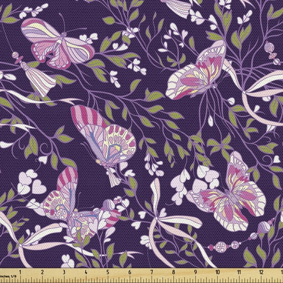 Ambesonne Spring Fabric by the Yard Upholstery, Butterflies Floral Branches, 10 Yards, Dark Purple Multicolor