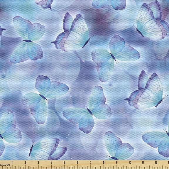 Ambesonne Spring Fabric by the Yard Upholstery, Butterflies Watercolor Back, 1 Yard, Soft Blue Lavender and White