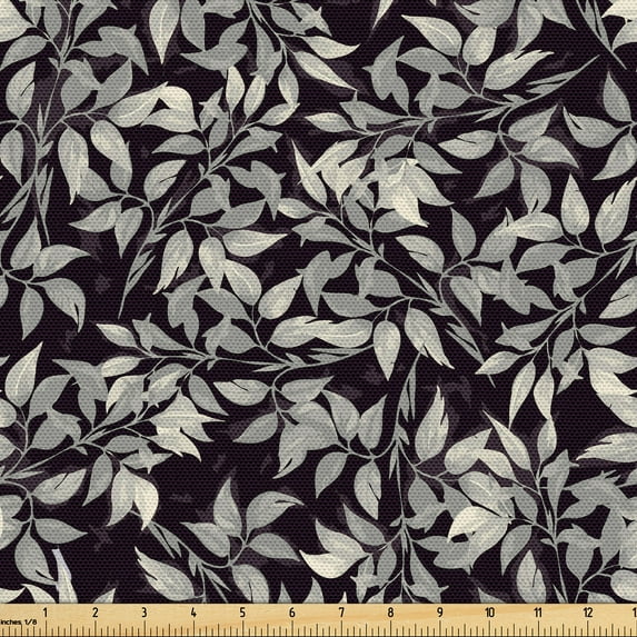 Ambesonne Spring Fabric by the Yard Upholstery, Continuous Ficus Leaves Art, 2 Yards, Dark Chestnut Brown and Grey