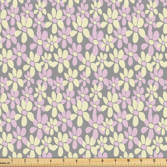 Ambesonne Spring Fabric by the Yard Upholstery, Daisies on Monochrome Back, 3 Yards, Soft Pink and Pale Yellow