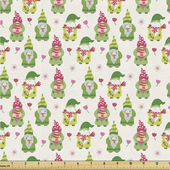 Ambesonne Spring Fabric by the Yard Upholstery, Eastern Gnome Flowers Art, 2 Yards, Off White Fern Green