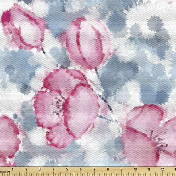 Ambesonne Spring Fabric by the Yard Upholstery, Floral Style Watercolor Art, 2 Yards, Blue Grey and Pink