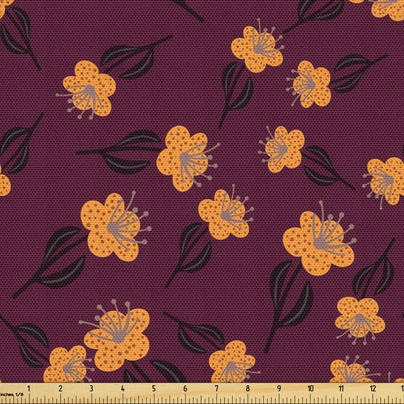 Ambesonne Spring Fabric by the Yard Upholstery, Flowers Abstract Vintage Art, 1 Yard, Dark Magenta Pale Orange