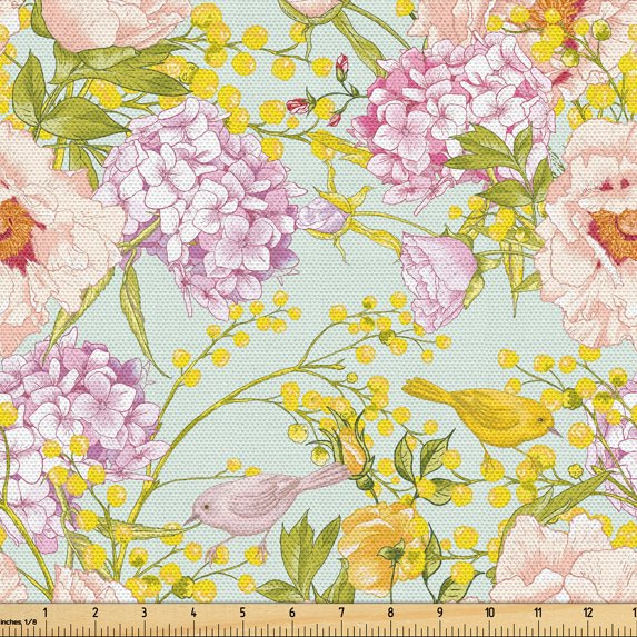 Ambesonne Spring Fabric by the Yard Upholstery, Flowers Branches Birds Plot, 2 Yards, Pastel Yellow Pale Peach