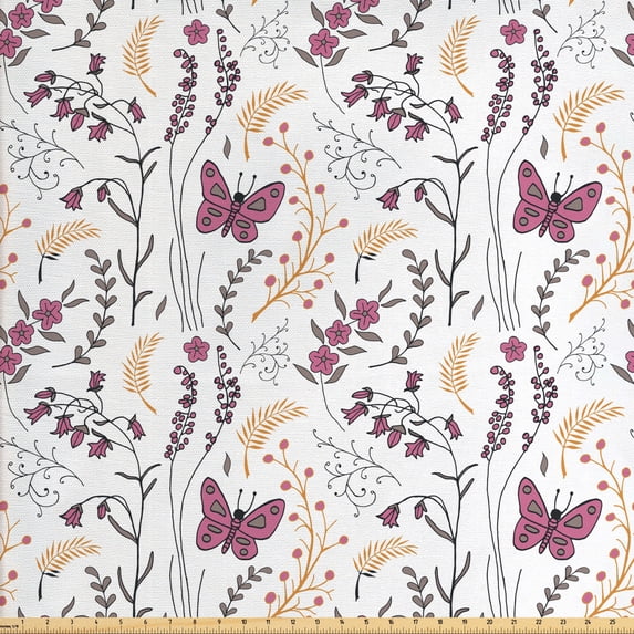 Ambesonne Spring Fabric by the Yard Upholstery, Flowers Butterflies Doodle, 5 Yards, Multicolor