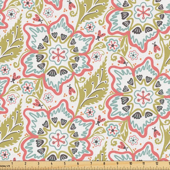 Ambesonne Spring Fabric by the Yard Upholstery, Flowers Ladybugs Leaves Art, 2 Yards, Pale Ruby Khaki Teal