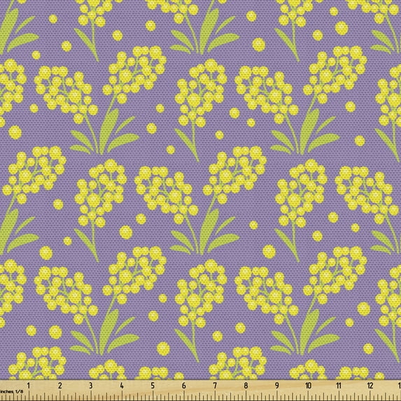 Ambesonne Spring Fabric by the Yard Upholstery, Mimosa Flowers Blossom Art, 2 Yards, Pale Purple Yellow