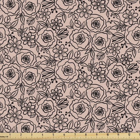 Ambesonne Spring Fabric by the Yard Upholstery, Minimalist Black Flowers Art, 1 Yard, Charcoal Grey Peach