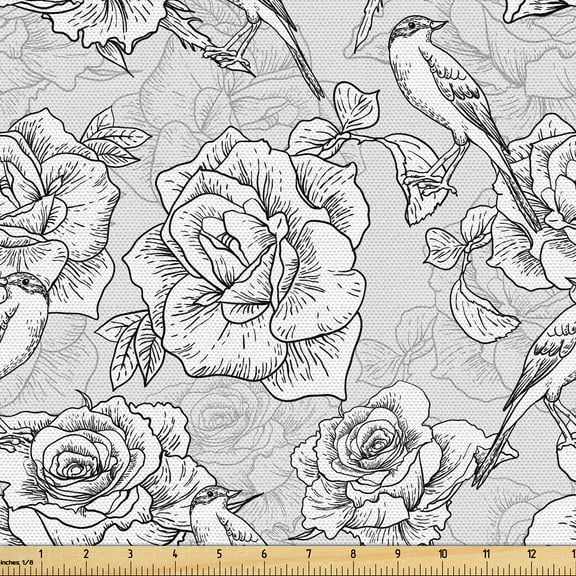 Ambesonne Spring Fabric by the Yard Upholstery, Monochrome Roses Birds Art, 2 Yards, Charcoal Grey and White