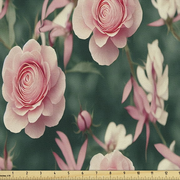 Ambesonne Spring Fabric by the Yard Upholstery, Roses of Garden Romantic, 5 Yards, Hunter Green Pale Pink