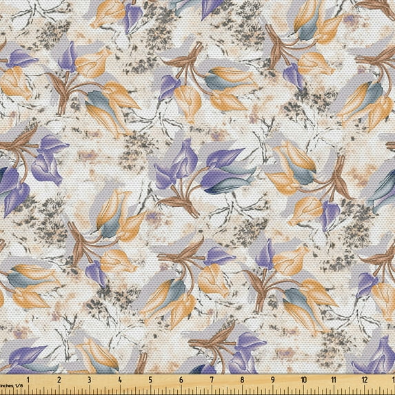 Ambesonne Spring Fabric by the Yard Upholstery, Sketchy Abstract Flora Art, 1 Yard, Blue Violet and Pale Peach