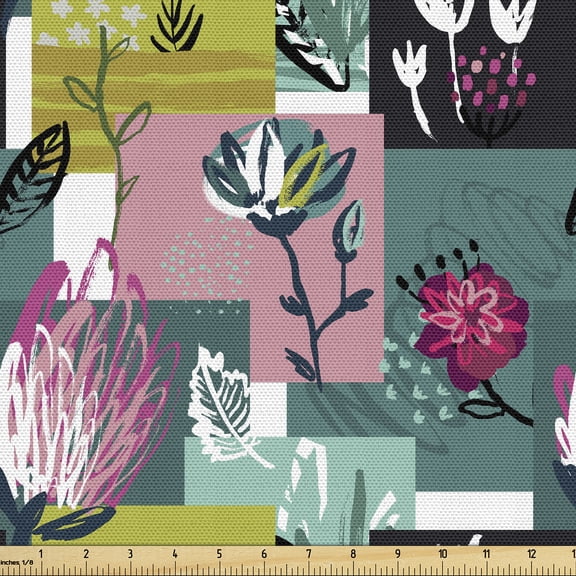 Ambesonne Spring Fabric by the Yard Upholstery, Squares Flowers Pattern Art, 1 Yard, Yellow Green and Pastel Pink