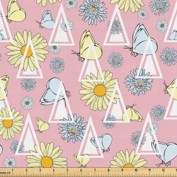 Ambesonne Spring Fabric by the Yard Upholstery, Triangle Butterfly Daisy Art, 1 Yard, Pale Pink Earth Yellow