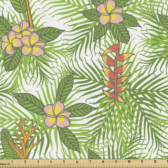 Ambesonne Spring Fabric by the Yard Upholstery, Tropical Pastel Flowers Art, 2 Yards, Fern Green and Rose