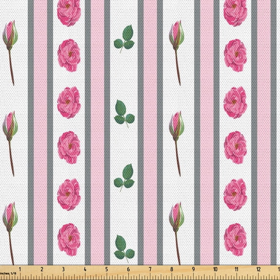 Ambesonne Spring Fabric by the Yard Upholstery, Vertical Stripes Flowers, 2 Yards, Pastel Pink and Fern Green