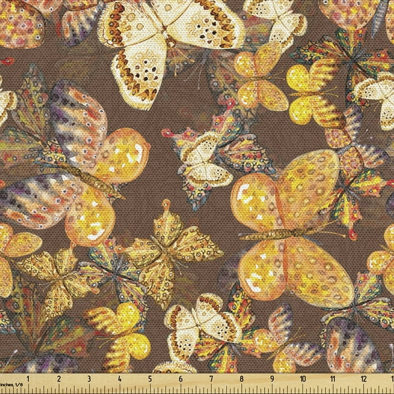Ambesonne Spring Fabric by the Yard Upholstery, Warm Colored Butterflies, 1 Yard, Earth Yellow Pale Orange