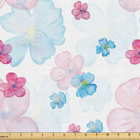 Ambesonne Spring Fabric by the Yard Upholstery, Watercolor Flowers Vintage, 2 Yards, Pale Sky Blue and Soft Pink