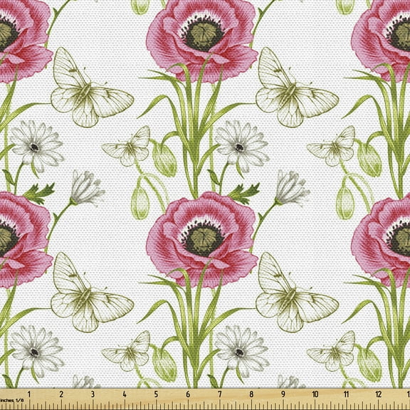 Ambesonne Spring Fabric by the Yard Upholstery, Wildflowers Butterfly Plot, 10 Yards, Dark Pink and Olive Green