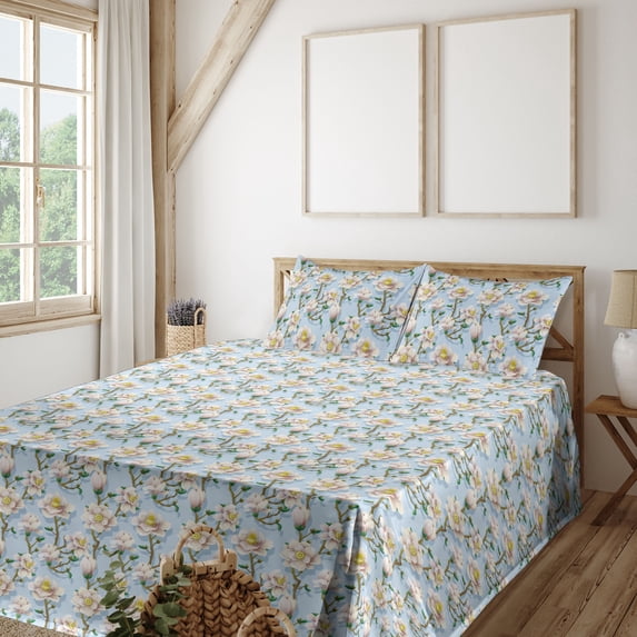 Ambesonne Spring Fitted & Flat Sheet with Sham 3 Pcs Set, Blooming Pastel Branches Art, Twin, Soft Blue Fawn Peach