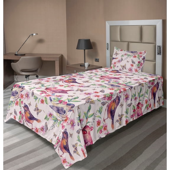 Ambesonne Spring Fitted & Flat Sheet with Sham 3 Pcs Set, Butterfly Bird Flower Plot, Twin, Pastel Pink and Sage Green