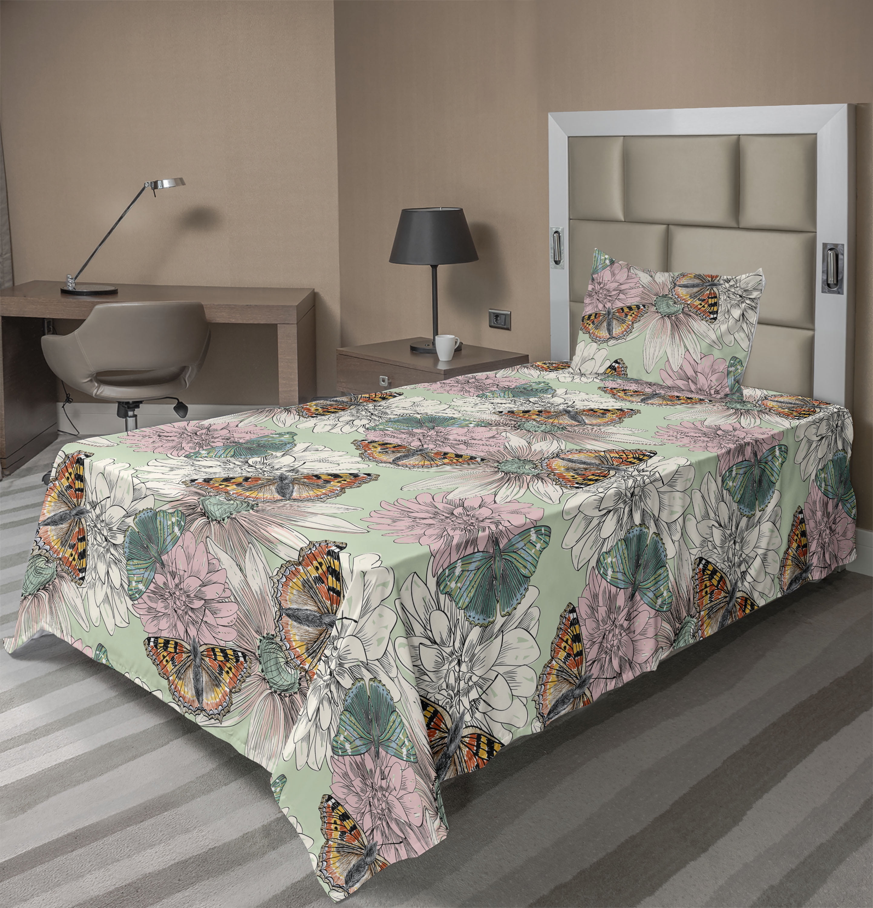 Ambesonne Spring Fitted & Flat Sheet with Sham 3 Pcs Set, Butterfly ...