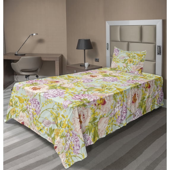 Ambesonne Spring Fitted & Flat Sheet with Sham 3 Pcs Set, Flowers Branches Birds Plot, Twin, Pastel Yellow Pale Peach