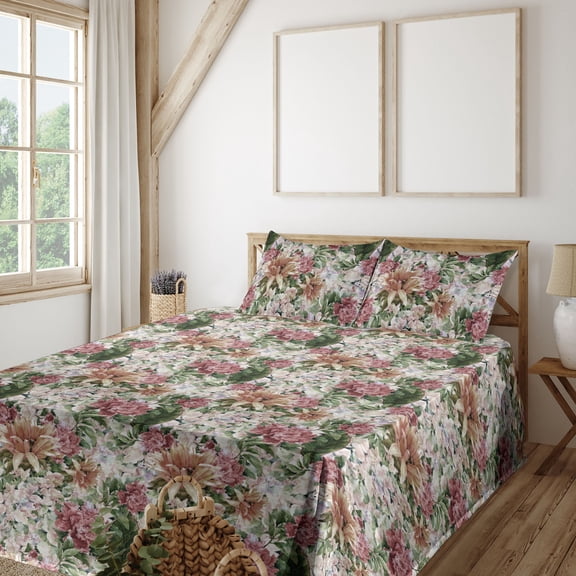 Ambesonne Spring Fitted & Flat Sheet with Sham 3 Pcs Set, Painting Look Summer Floral, Twin, Olive Green and Pale Ruby