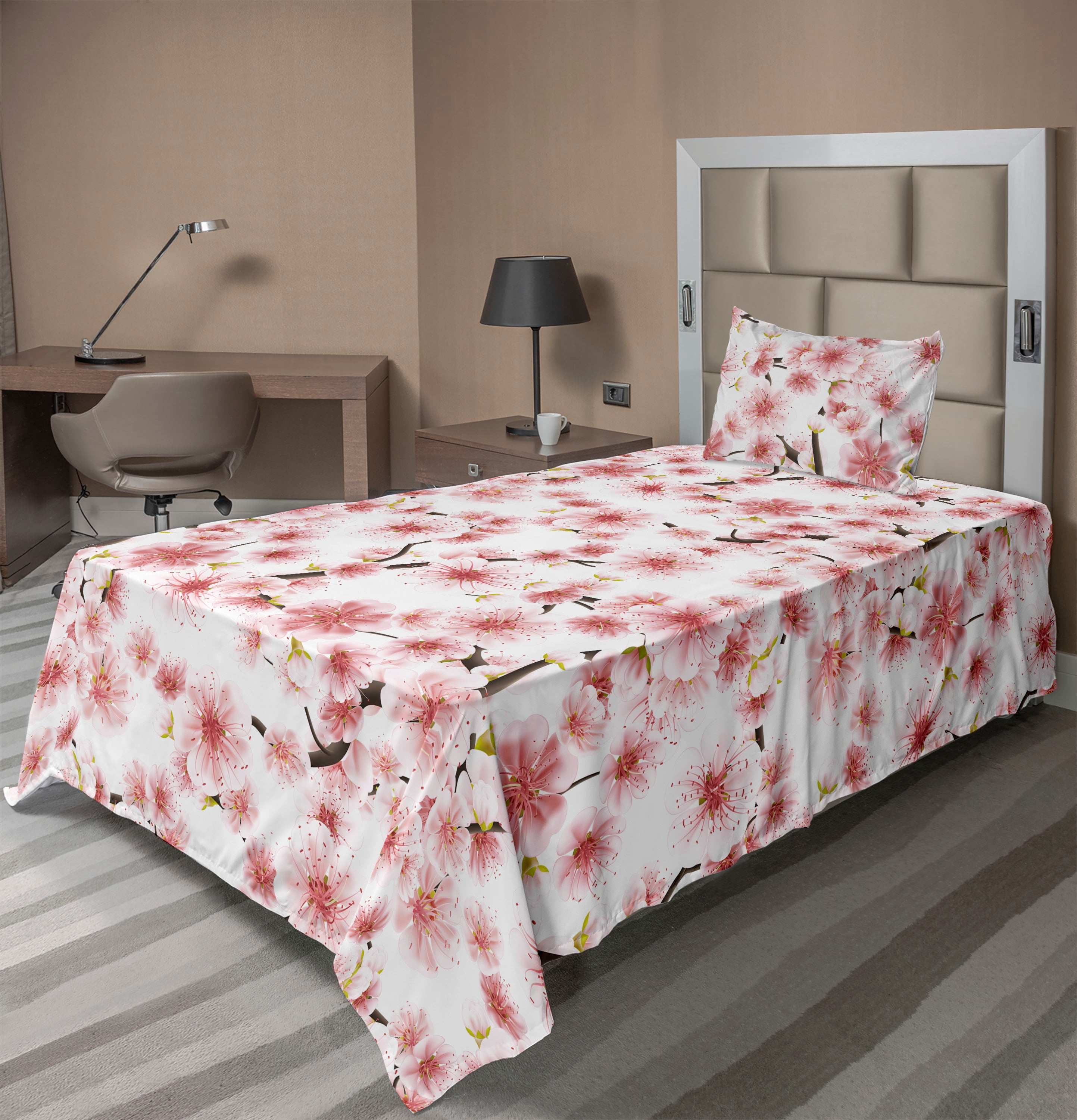 Ambesonne Spring Fitted & Flat Sheet with Sham 3 Pcs Set, Sakura Cherry ...