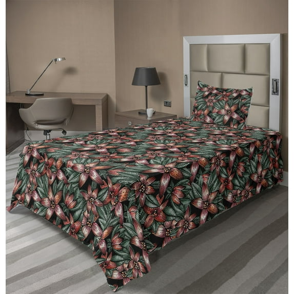Ambesonne Spring Fitted & Flat Sheet with Sham 3 Pcs Set, Vintage Red Flowers Pattern, Twin XL, Dark Green Burnt Sienna
