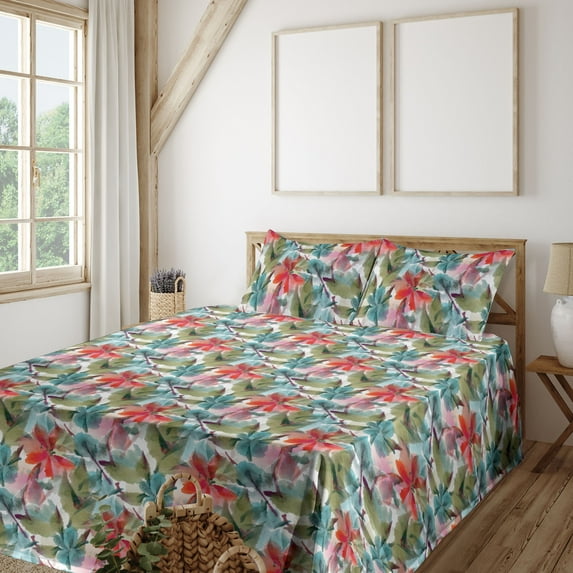 Ambesonne Spring Fitted & Flat Sheet with Shams 4 Pcs Set, Abstract Watercolor Flora, Calking, Scarlet and Pale Blue Grey