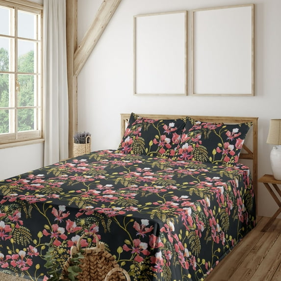 Ambesonne Spring Fitted & Flat Sheet with Shams 4 Pcs Set, Branches Leaves Watercolor, Full, Pale Fuchsia Khaki and Pink