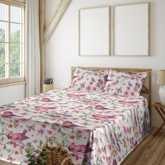 Ambesonne Spring Fitted & Flat Sheet with Shams 4 Pcs Set, Butterfly Bird Flower Plot, King, Pastel Pink and Sage Green